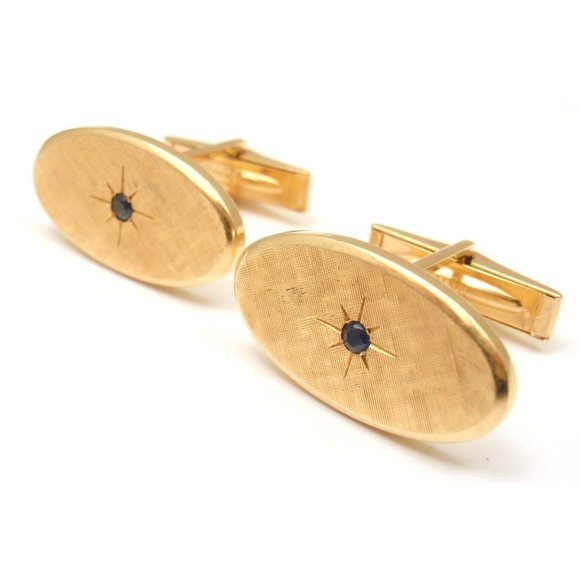 Rare Tiffany And Co. 14k Yellow Gold Textured Sapphire Mens Cufflinks - Picture 3 of 9